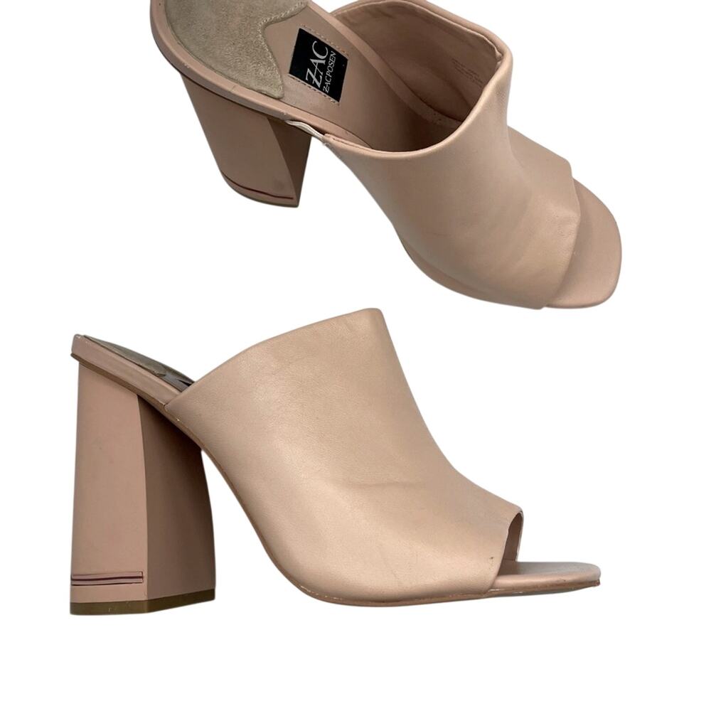 Zac Posen Nude Leather Slip One Mules Chunky Heel Women’s Shoes 9 Peep Toe Y2K